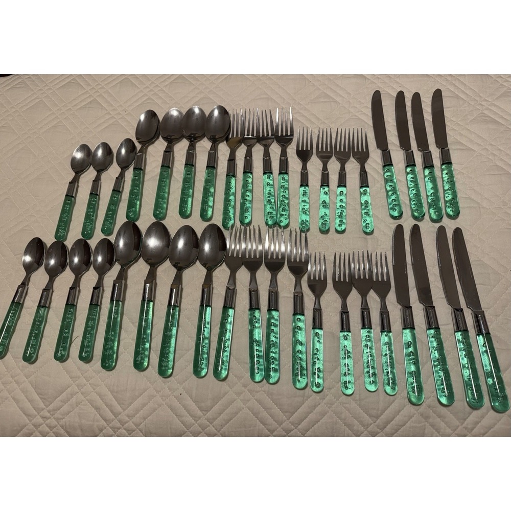 IKEA Bubblor Green Plastic Bubble Handles Flatware Stainless Steel 39 Pieces